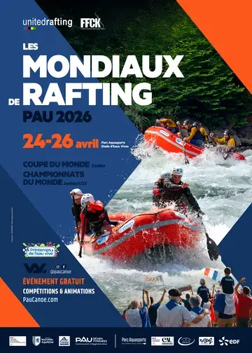 Image de l'affiche des mondiaux de rafting aux couleurs bleues et orange. Des embarcations de rafting et des supporters français sont présents sur l'affiche.